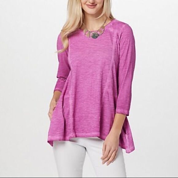 LOGO by Lori Goldstein 3/4 Sleeve Distressed Cotton Slub Top - Picture 1 of 4